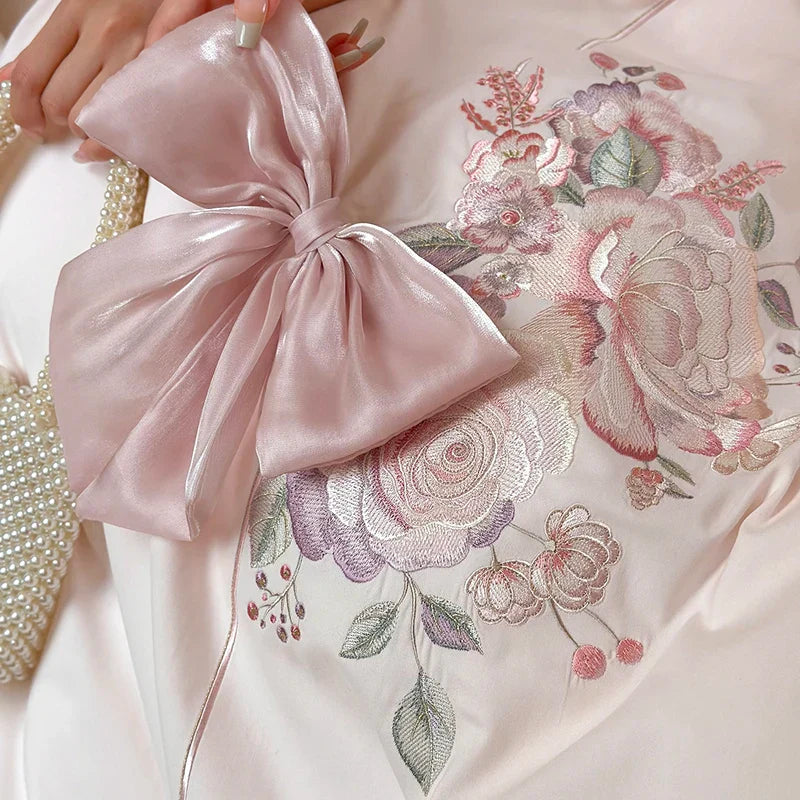 Afralia™ Flowers Embroidery Bow Wedding Bedding Set - Single Queen King Size Cotton Duvet Cover Bed Sheet Pillowcases