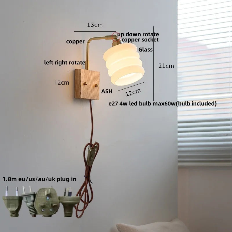Afralia™ Walnut Wood LED Wall Sconce Rotatable Glass Bedside Lamp Nordic Modern