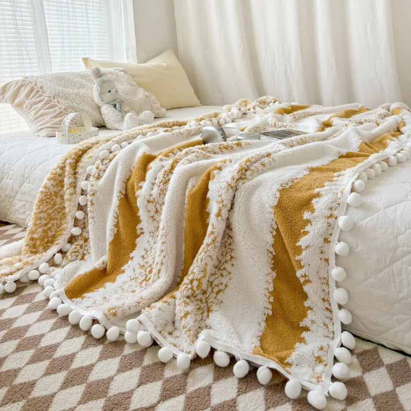 Afralia™ Jacquard Fluffy Ball Lace Blanket | Double Sided Fluff Warm Sofa Cover
