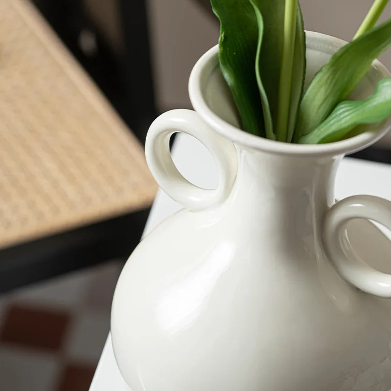 Afralia™ Teapot Ceramic Vase Double-eared Pot Home Decor Flower Arrangement White Porcelain