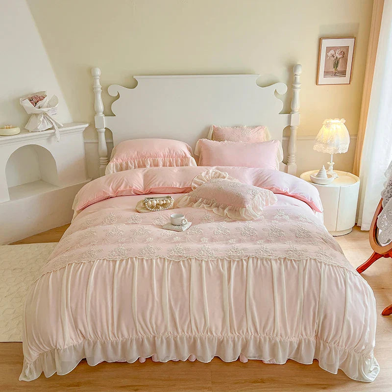 Afralia™ Pink Chiffon Lace Ruffles French Princess Bedding Set - 6-Piece Queen Size