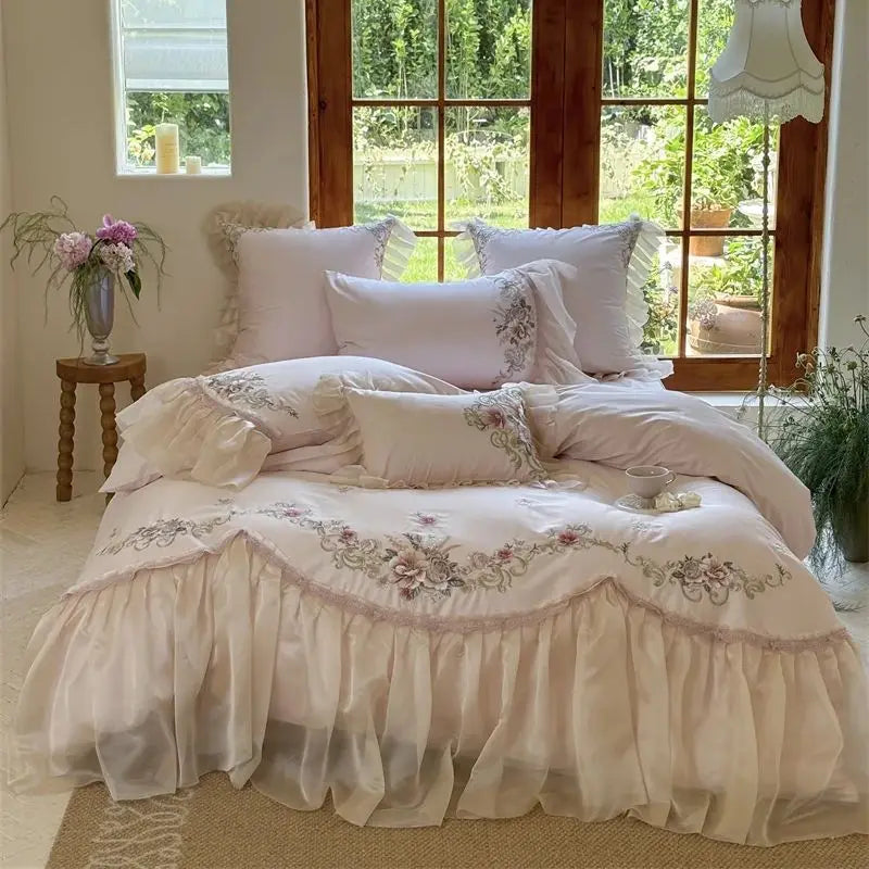Afralia™ Elegant Flowers Embroidery Lace Princess Wedding Bedding Set - 1200TC Cotton Duvet Cover