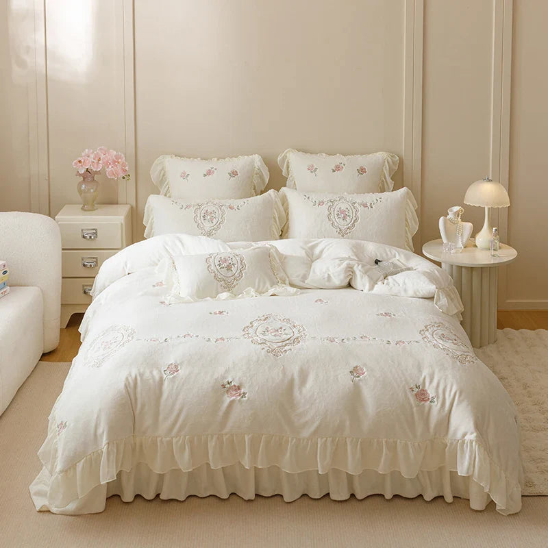 Afralia™ Velvet Rose Flowers Ruffles Princess Bedding Set with Embroidery