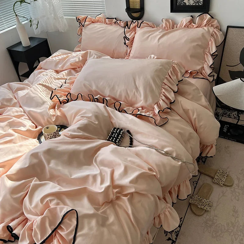 Afralia™ Silky Lace Princess Bedding Set - Cooling Comforter, Solid Color, 4 Pieces