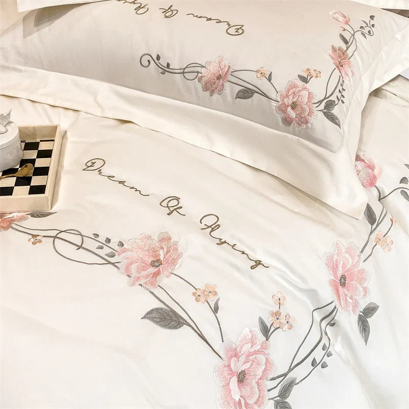 Afralia™ Luxe Floral Embroidery Bedding Set, Queen/King, 100% Cotton