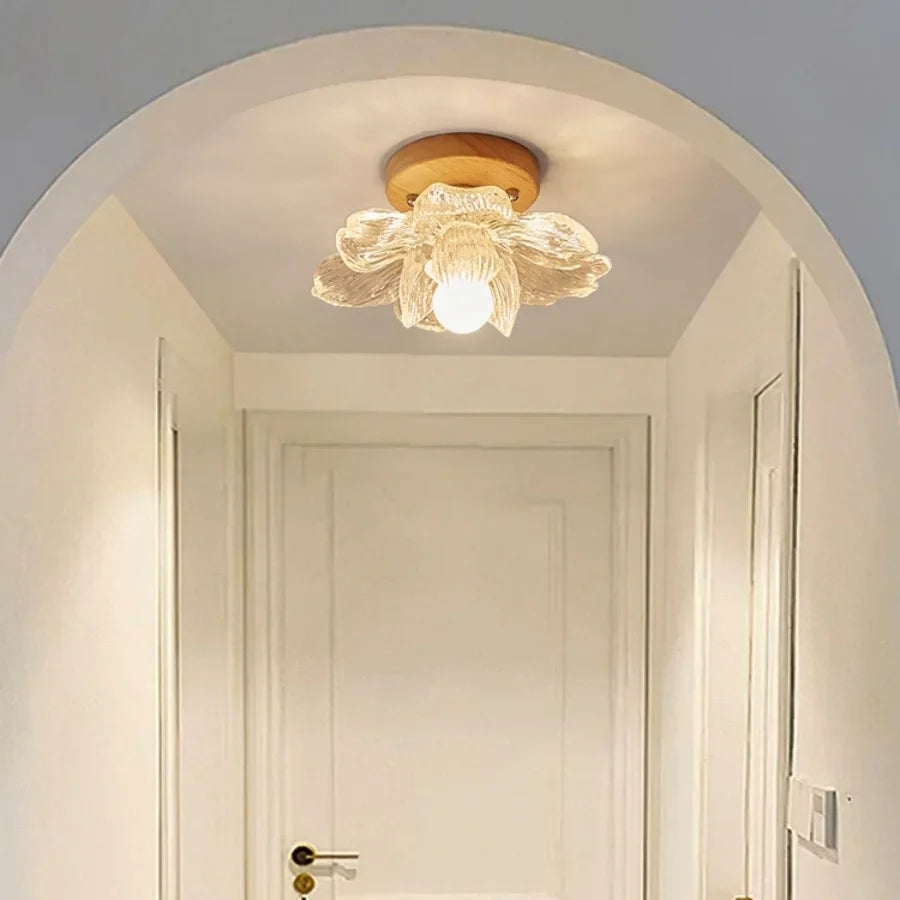 Afralia™ Flower Acrylic LED Ceiling Lamp, Wood Base, Japan Style Living Room Light