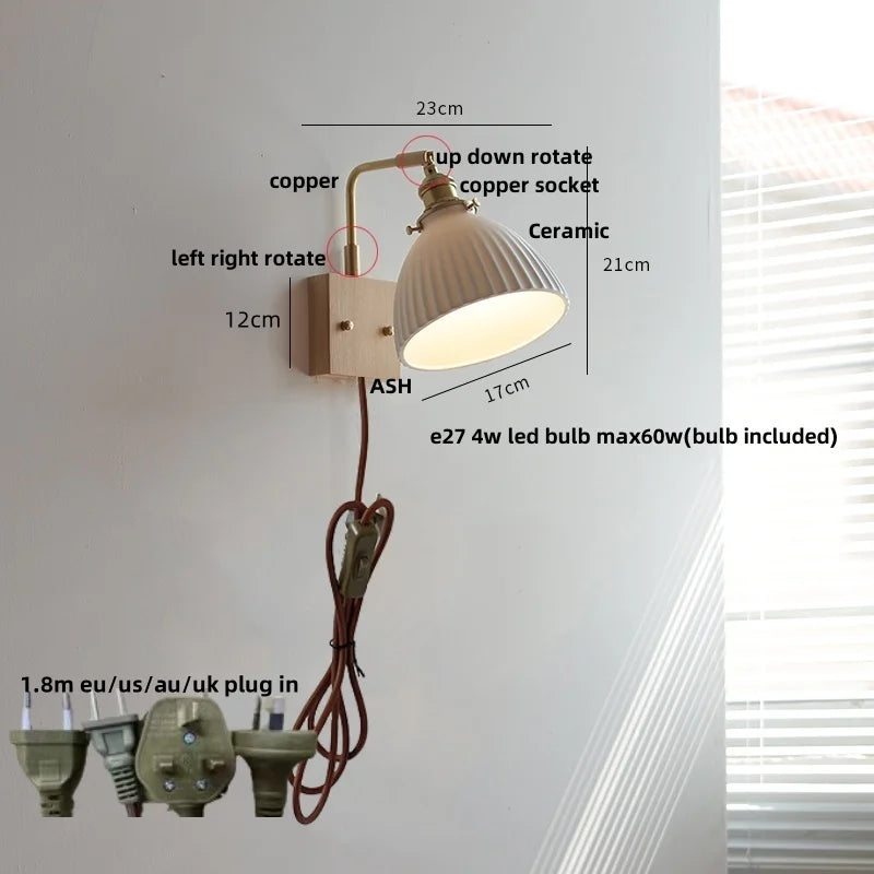 Afralia™ Nordic LED Walnut Wood Wall Lamp with Rotating Ceramic Copper Pull Chain Switch