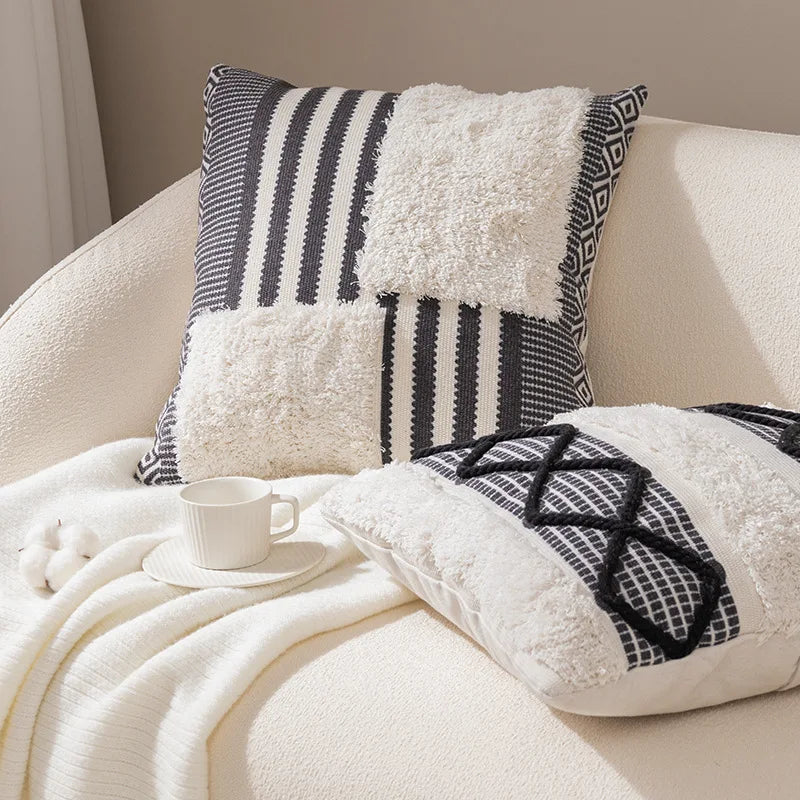 Afralia™ Boho Tufted Fringed Black White Geometry Printed 45x45cm Pillowcase