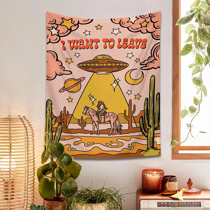 Afralia™ Space Planet Cactus Moon Wall Tapestry - Boho Hippie Room Decor