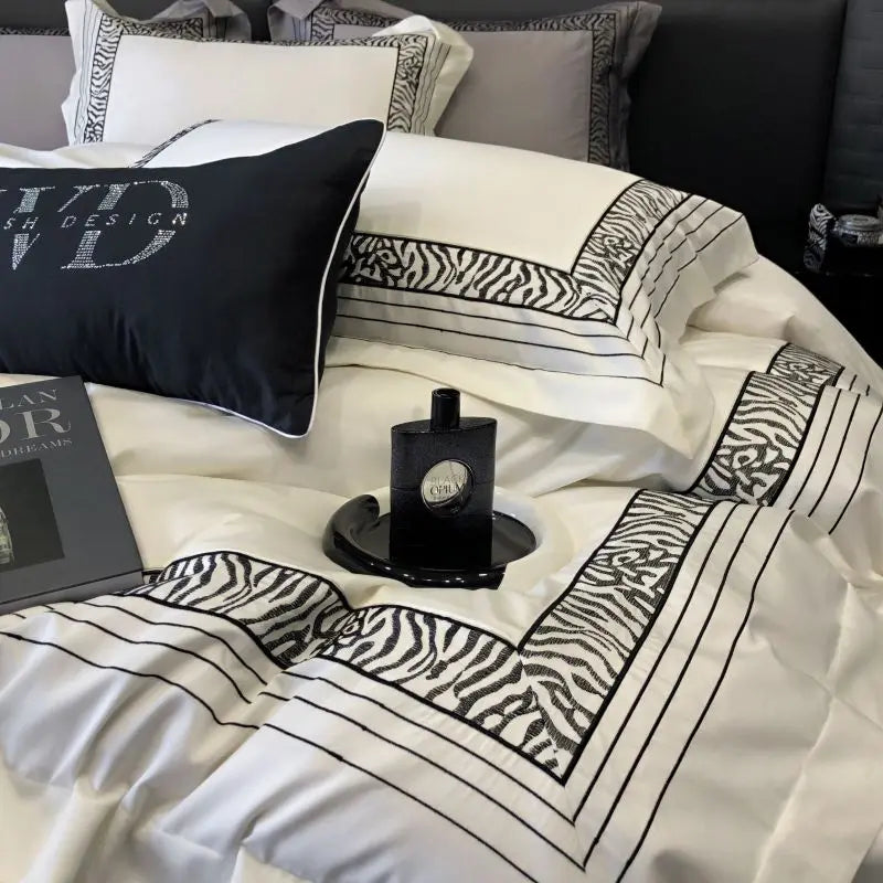 Afralia™ Zebra Print Embroidery 1000TC Egyptian Cotton 4Pcs Bedding Set - Queen King Size
