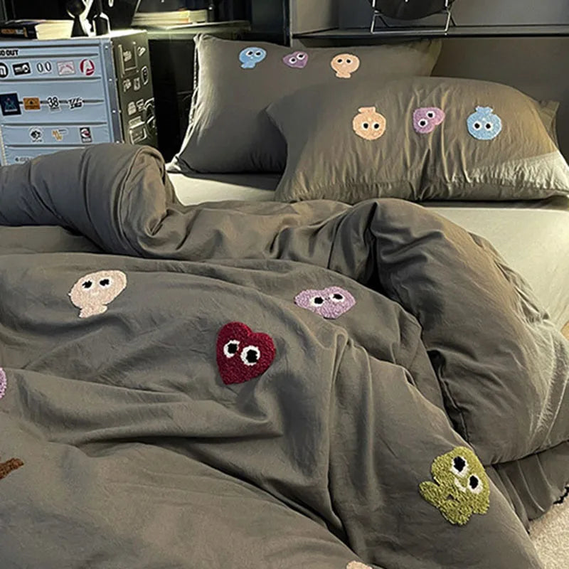 Afralia™ Cotton Cartoon Towel Embroidery Bedding Set: Quilt Cover, Bed Sheet, Pillowcases