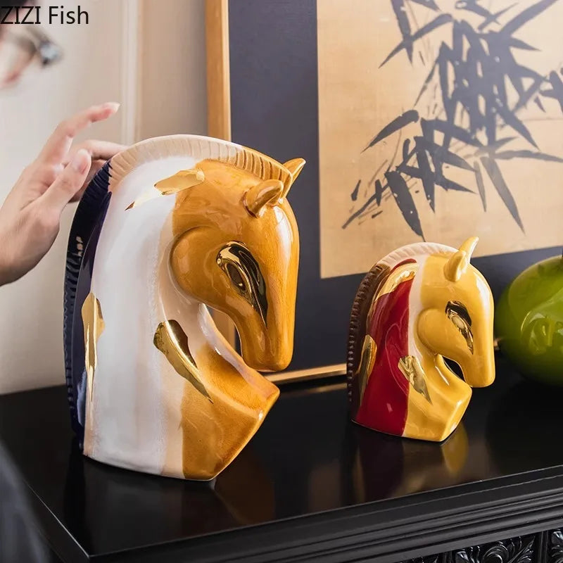 Afralia™ Ceramic Horse Sculpture Gold Plated Desk Ornament Aesthetics Decor