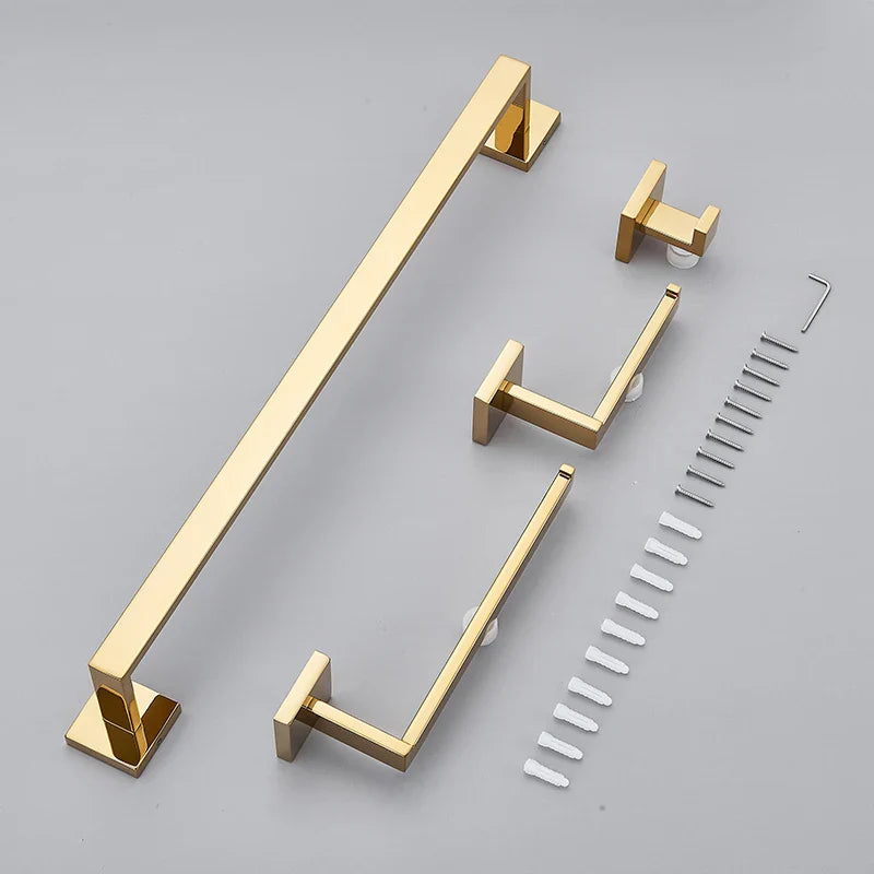 Afralia™ Polish Gold Stainless Steel Bathroom Accessories Set: Towel Bar, Paper Holder, Hook