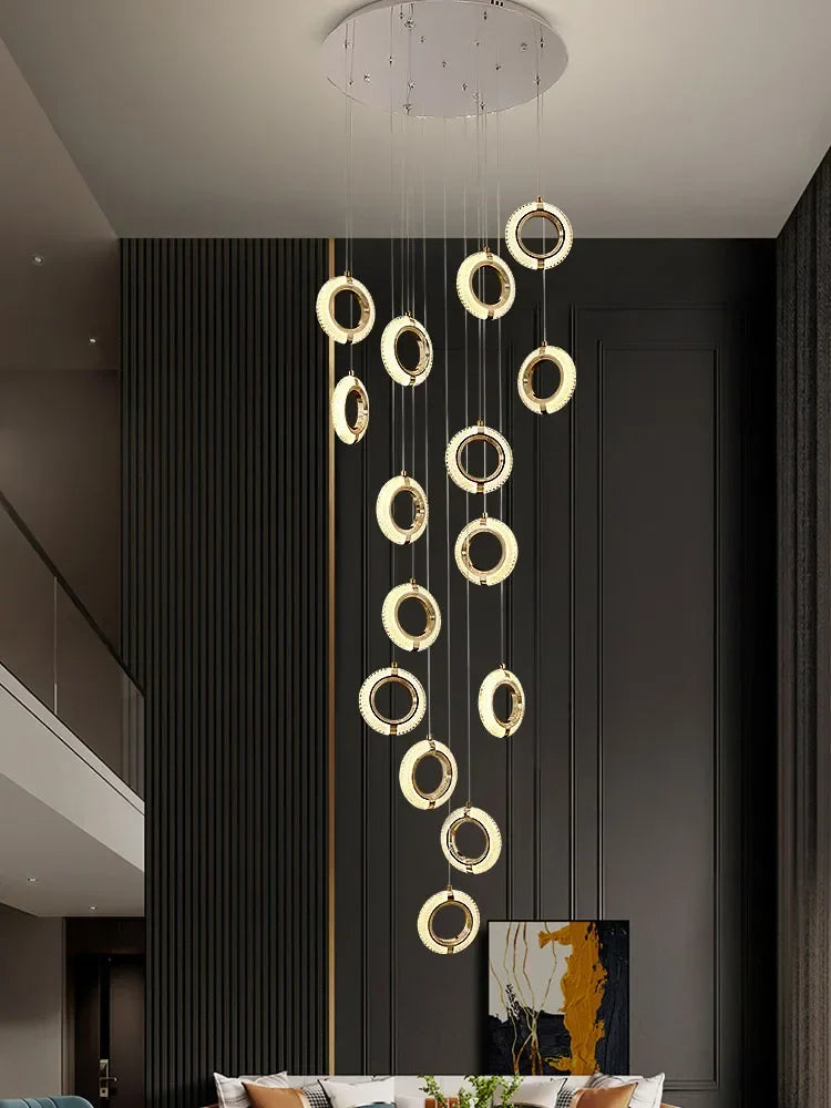 Afralia™ Luxury Crystal LED Chandelier Staircase Ceiling Lamp - Gold Modern Round Hanging Light