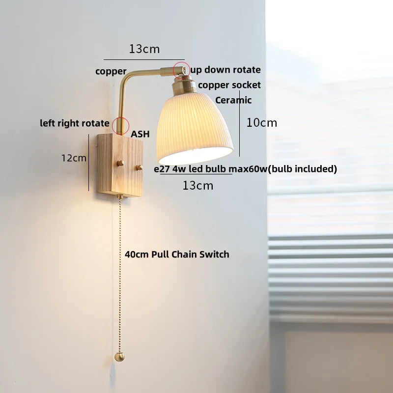 Afralia™ Walnut Brass Ceramic LED Wall Sconce | Modern Nordic Rotatable Stair Light