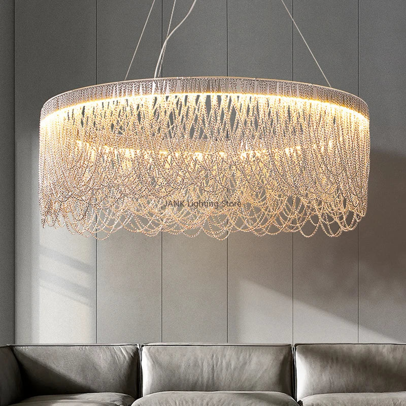 Afralia™ Chrome Tassel Chandelier LED Lighting for Home Living Room Decor