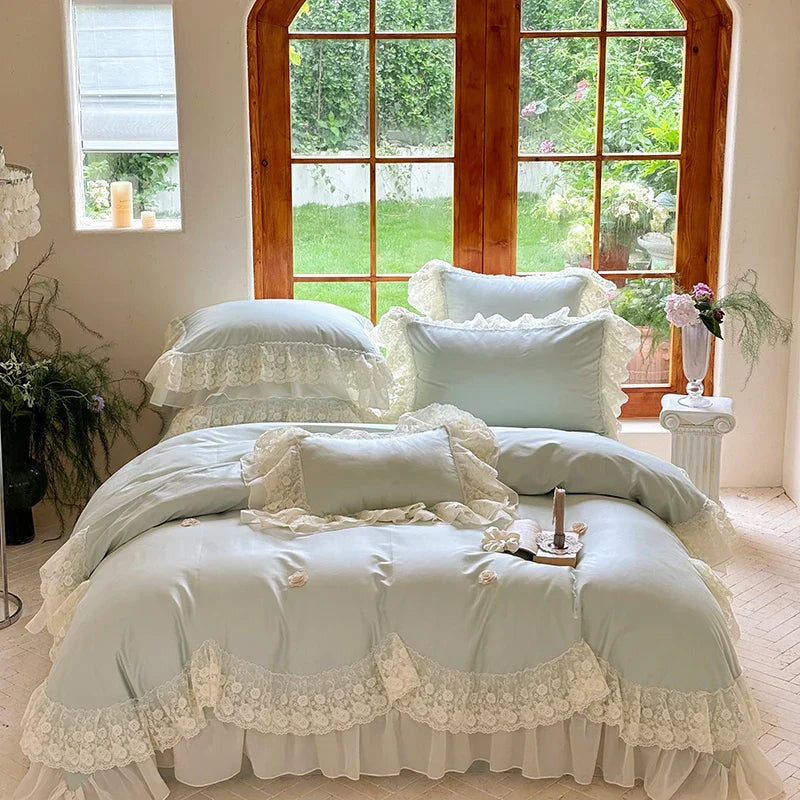 Afralia™ Princess Wedding Luxury Bedding Set 1200TC Egyptian Cotton Lace Ruffles Flowers Embroidery