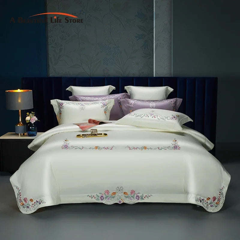 Afralia™ Floral Embroidered Luxury Bedding Set - 100S Egyptian Cotton