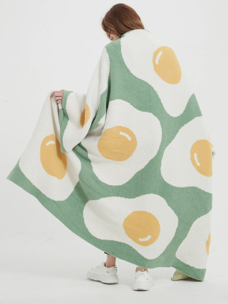 Afralia™ Cute Poached Egg Blanket Throw - Kawaii Fried Egg Pattern Cozy Knit Blanket for Living Room and Bedroom