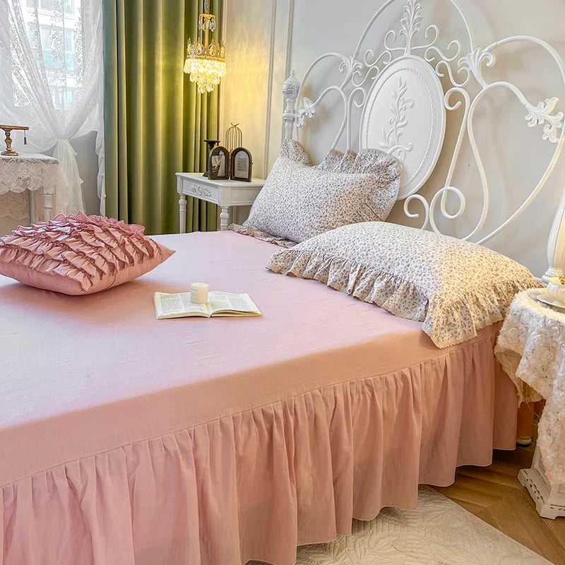 Afralia™ Double Layer Lace Ruffles Floral Bedding Set with Duvet Cover, Bed Skirt, Pillows