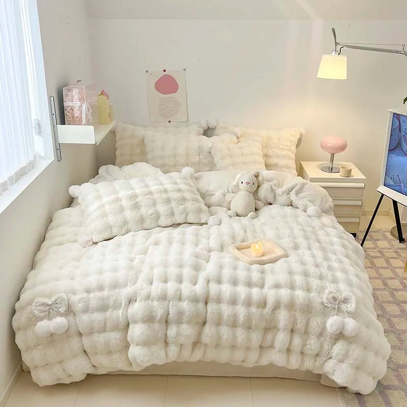 Afralia™ Shaggy Faux Rabbit Fur Bedding Set with Plush Ball Decoration, Duvet Cover, Sheet and Pillowcases