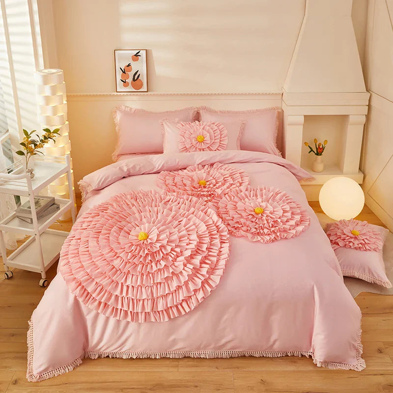 Afralia™ Brushed Cotton Flower Embroidery Bedding Set with Stereoscopic Handwork