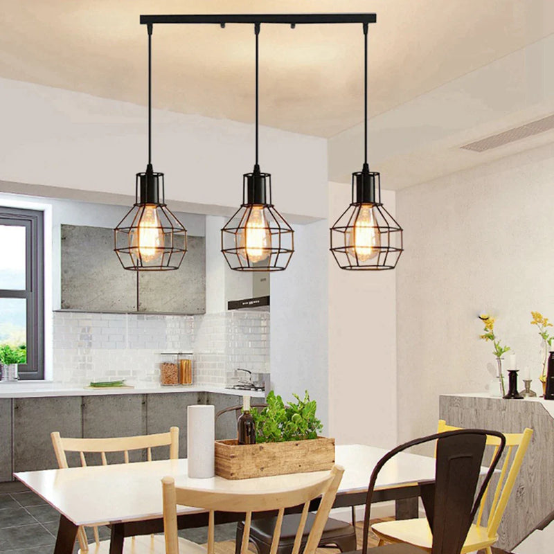 Afralia™ Pyramid Cage Pendant Light | Modern Black Iron Loft Lamp E27 Indoor