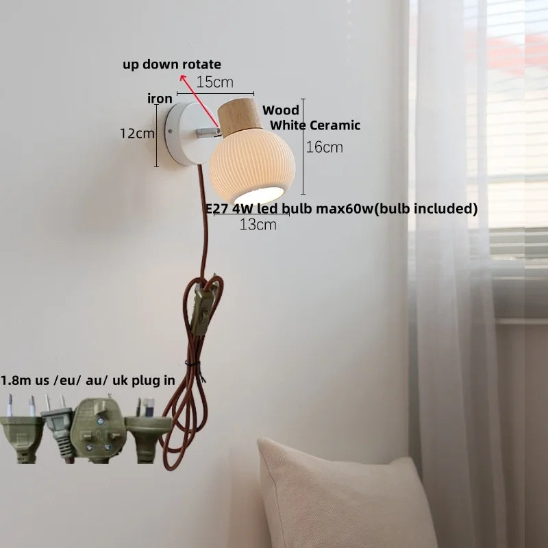 Afralia™ Ceramic LED Wall Lights with Pull Chain Switch, Modern Wood Base Bedside Lamp