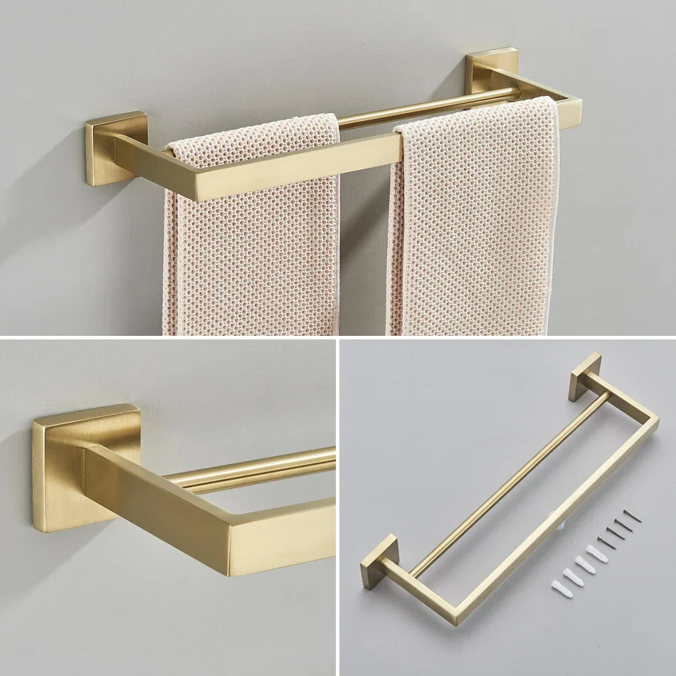 Afralia™ Brushed Gold Bathroom Set: Towel Bar, Robe Hook, Shelf, Tissue Holder & Accessories