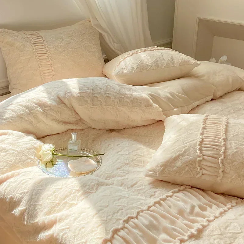 Afralia™ Plush Snow Rabbit Fleece Bedding Set King Size Luxe Winter Duvet Cover Set