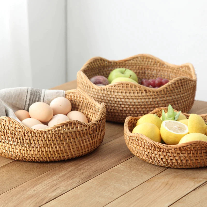 Afralia™ Rattan Storage Basket Tray for Food, Fruits, Snacks & Sundries