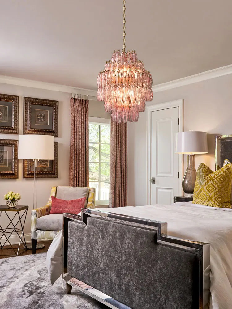 Afralia™ Pink Glass Chandelier, Dimmable Dining Room Hanging Light