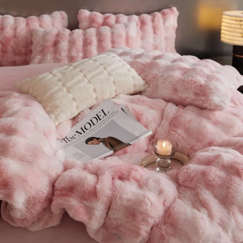 Afralia™ Gradient Blue & Grey Faux Rabbit Fur Bedding Set: Velvet Fleece Duvet, Sheets, Pillowcases