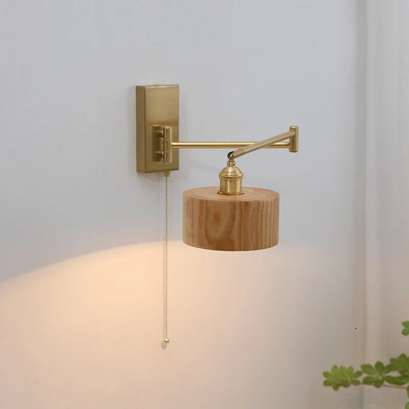 Afralia™ Wooden Lampshade Wall Sconce with Pull Chain Switch for Bedroom Bathroom Mirror