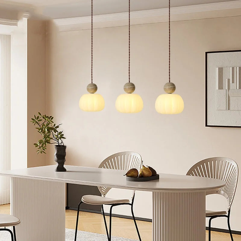 Afralia™ Wabi Sabi Yellow Travertine LED Pendant Lamp Wood Hanging Lights