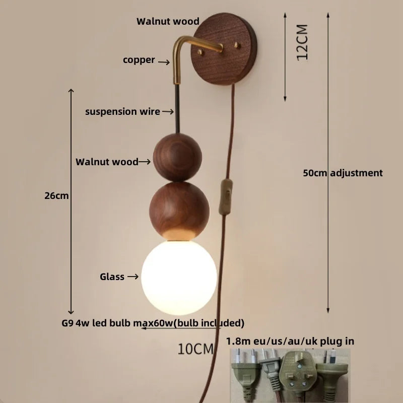 Afralia™ Adjustable LED Wall Light White Glass Walnut Wood Bar Living Room Mirror Lamp