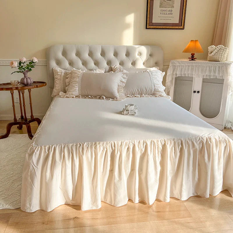 Afralia™ French Princess Cotton Bedding Set with Flower Embroidery and Ruffle Edge