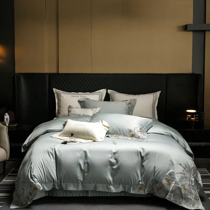 Afralia™ Luxe Embroidered Cotton Bedding Set: Duvet Cover, Pillowcases, Flat Sheet