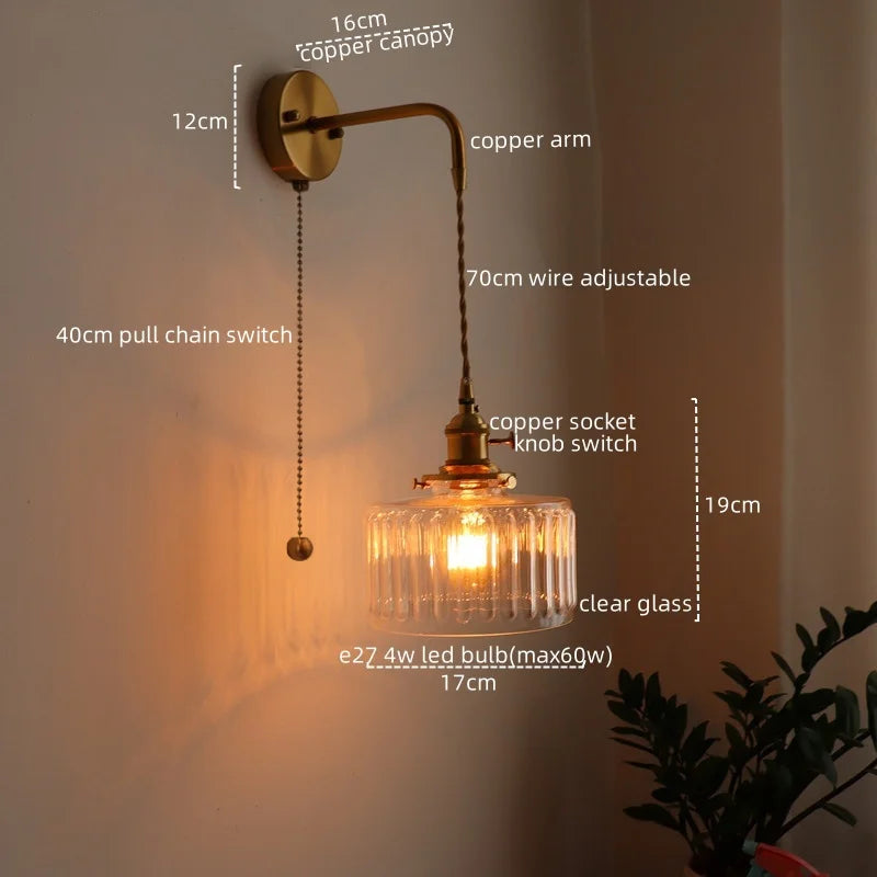 Afralia™ Vintage Green Glass Copper LED Wall Lights Pull Chain Switch Hallway Bedroom Balcony Wall Lamp