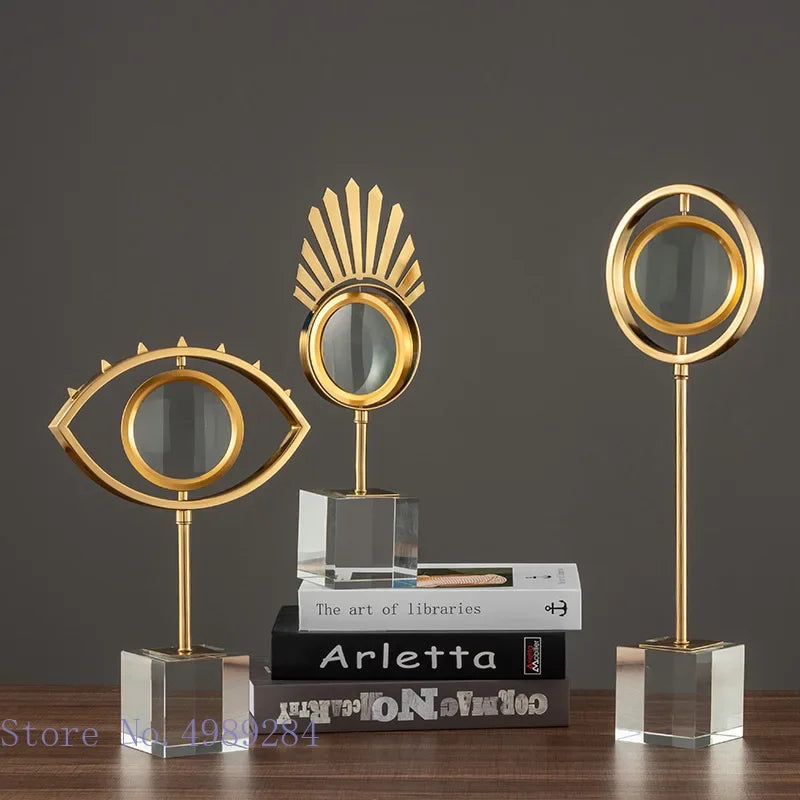 Afralia™ Golden Metal Eyes Magnifying Glass with Crystal Glass Base - Modern Home Decoration