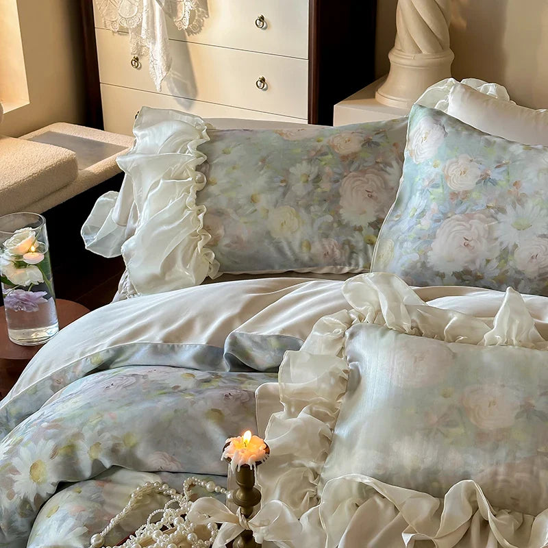 Afralia™ Vintage Flowers Lace Ruffles 800TC Eucalyptus Bedding Set