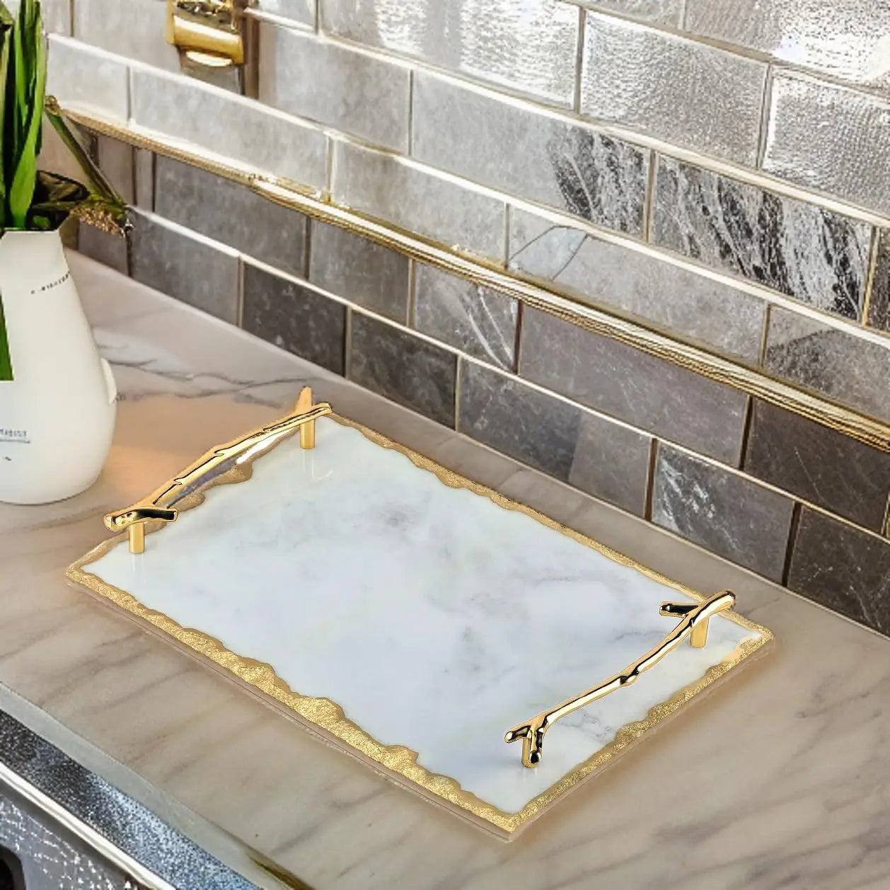 Afralia™ Marble Vanity Tray with Golden Accents, Elegant Serving Tray for Home Décor and Organization