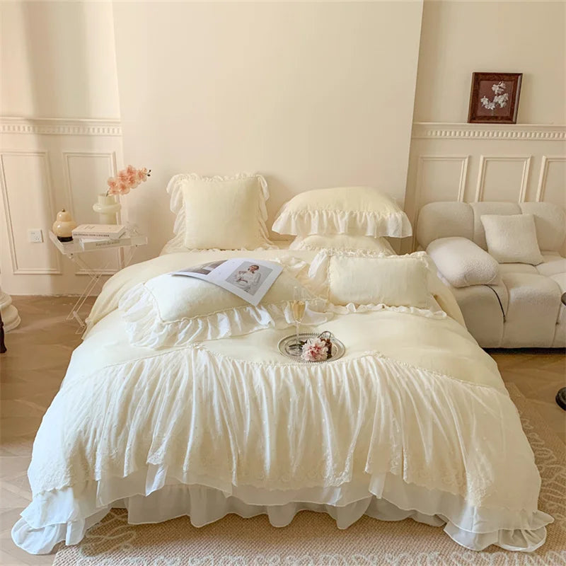 Afralia™ French Princess Velvet Bedding Set, Queen Size with Lace Ruffles