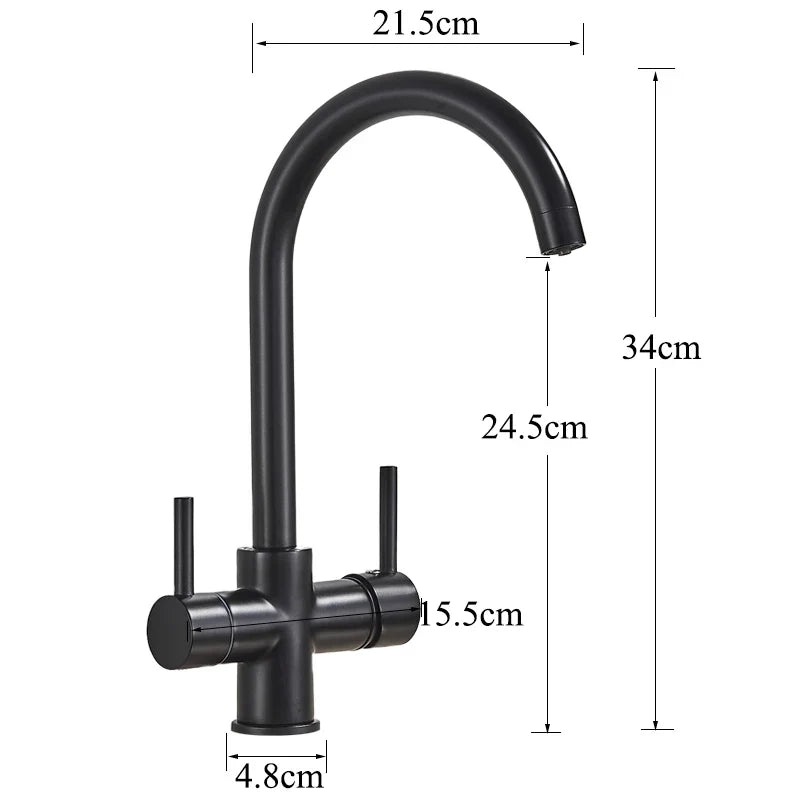 Afralia™ Black Purified Water Kitchen Faucet Hot Cold Mixer Dual Handles Drinking Water Tap