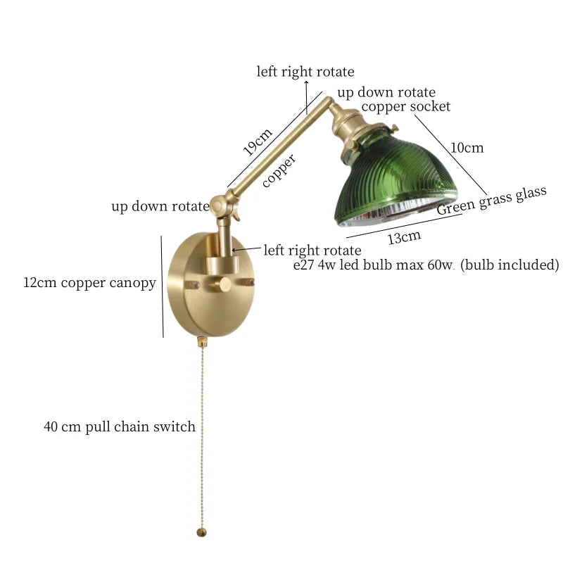 Afralia™ Vintage Brass Glass LED Wall Light with Pull Chain, Left Right Rotate Mirror Design