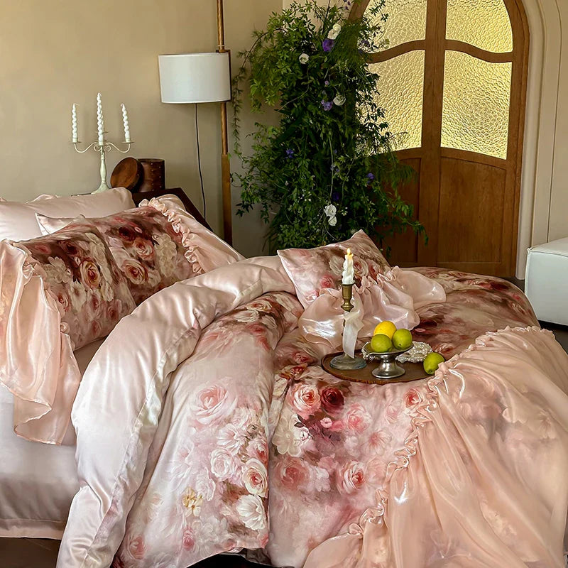 Afralia™ Romantic Rose Organza Lace Ruffles Bedding Set with Soft Silky Feel