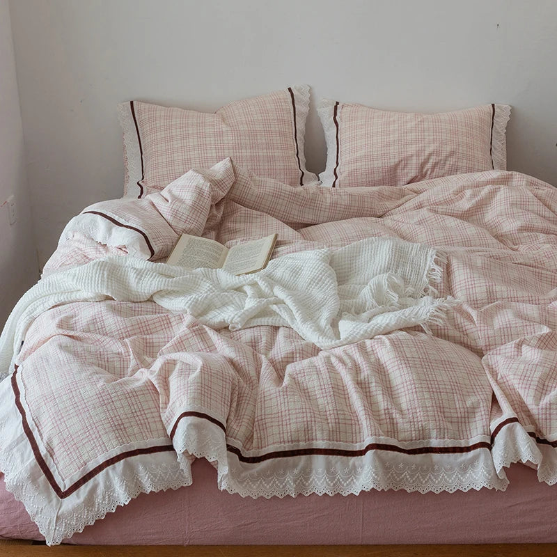 Afralia™ Korean Seersucker Lace Ruffles Bedding Set for Girls