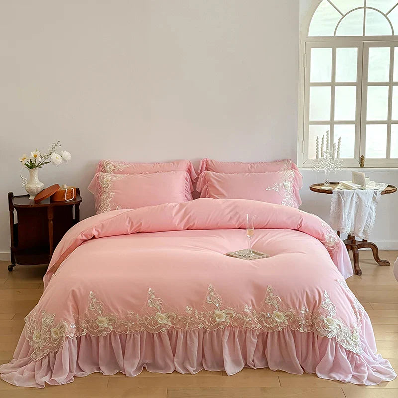 Afralia™ French Rose Flowers Lace Wedding Bedding Set with Ruffles