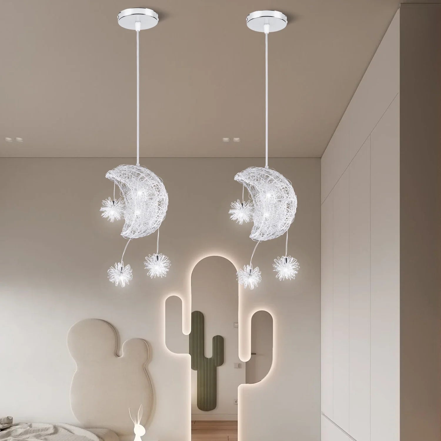 Afralia™ Moon Star Pendant Light Chandelier LED Fixture for Kid Bedroom & Christmas Decor