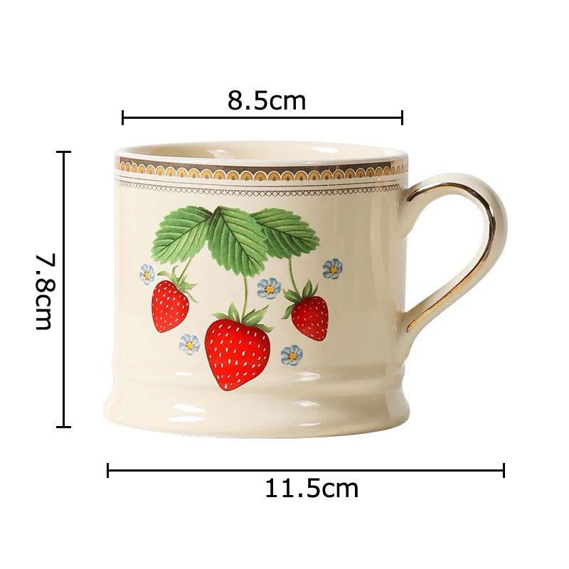 Afralia™ Strawberry Pattern Gilded Edge Porcelain Mug - Tea, Coffee, Juice Cup